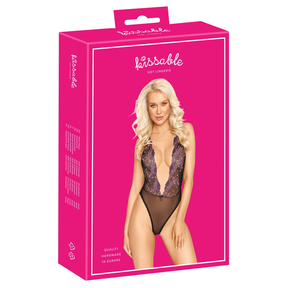 Body extra scollato di kissable realizzato in pregiato powernet nero con intricati ricami floreali